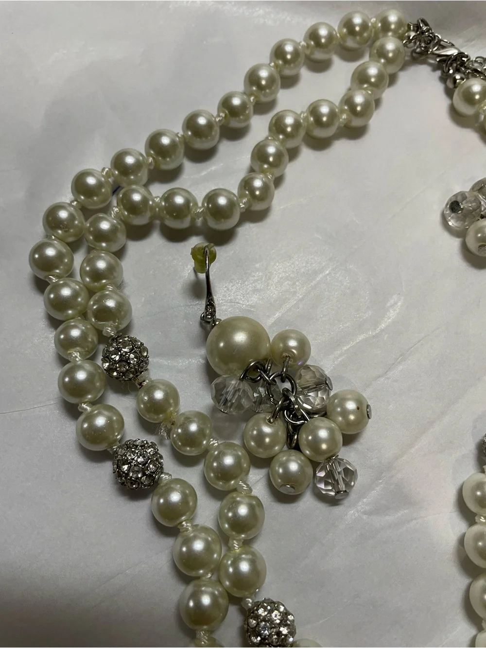 Simulated Pearls w rhinestones Double necklace & fishhook earrings 18” extender